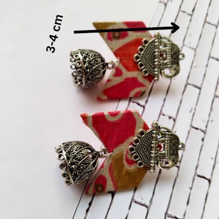 Pink Floral Printed Fabric Elephant Charm Oxidised Jhumka